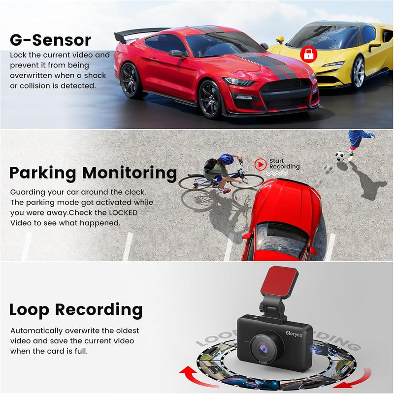 Gloryes 2025 4K Dash Cam Pro Car Camera - Dash Cam Front and Rear,4K/3840 True Dash Camera for Cars,Dash Cams 3.0'' IPS Screen,IR Night Vision,24H Parking,Loop Recording,Free 32G SD Card,Support 512GB - Image 5